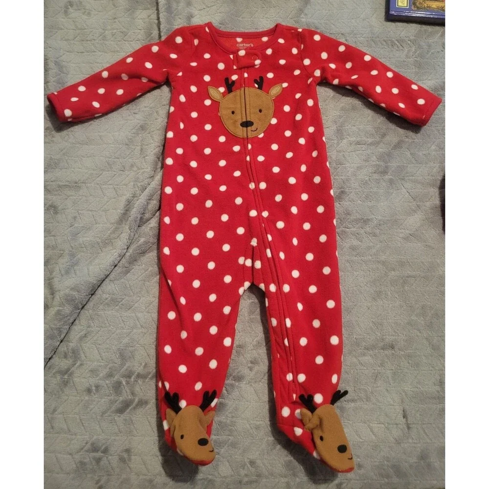 Carter's Just One You Red Sweater Dress & Polka Dot Reindeer Footed Pajamas 9M